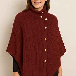 ✨ TALBOTS Cable Knit Poncho Cape 🧣 Burgundy • Size‎ S • Gold Button Wrap ✨